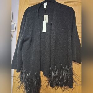 Chico's Elegant Black Cardigan with Feather Trim